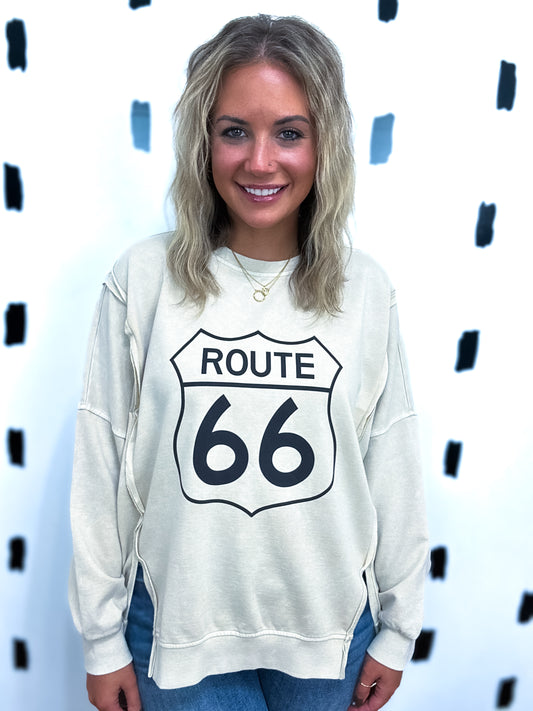 Light Khaki Rout 66 Graphic Long Sleeve Top
