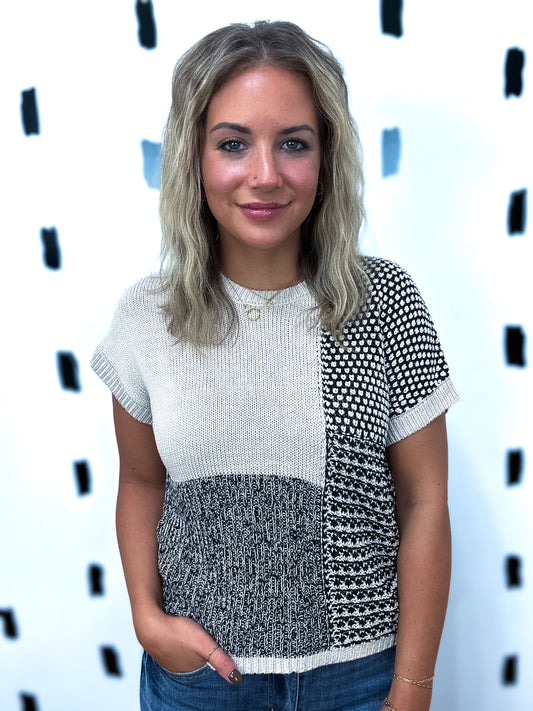 Black Colorblock Short Sleeve Sweater