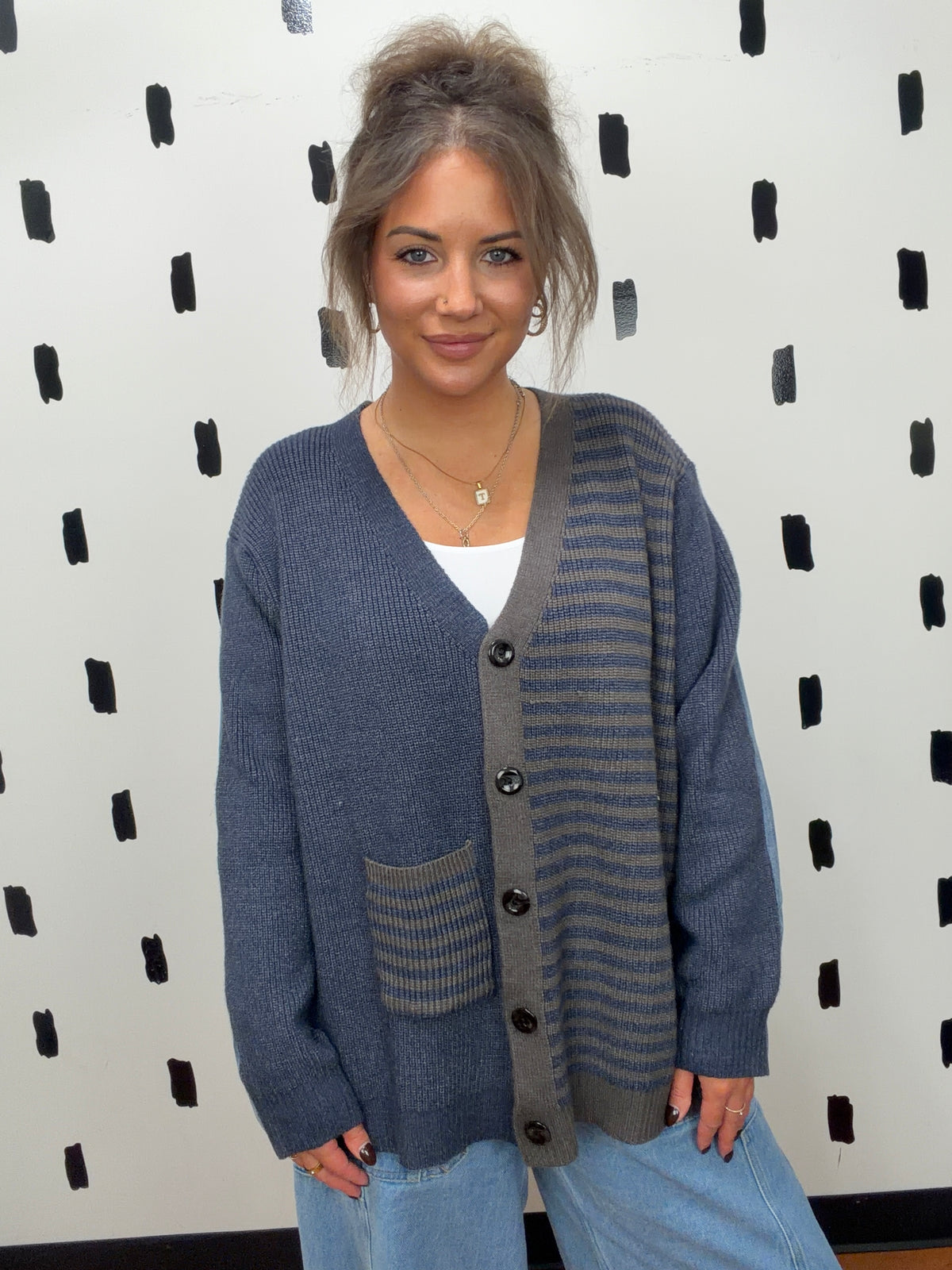 Navy Mixed Media Oversized Cardigan