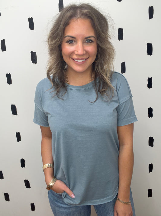 Denim Blue Solid Short Sleeve Top