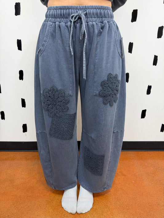Indigo Mineral Wash Crochet Patch Pants