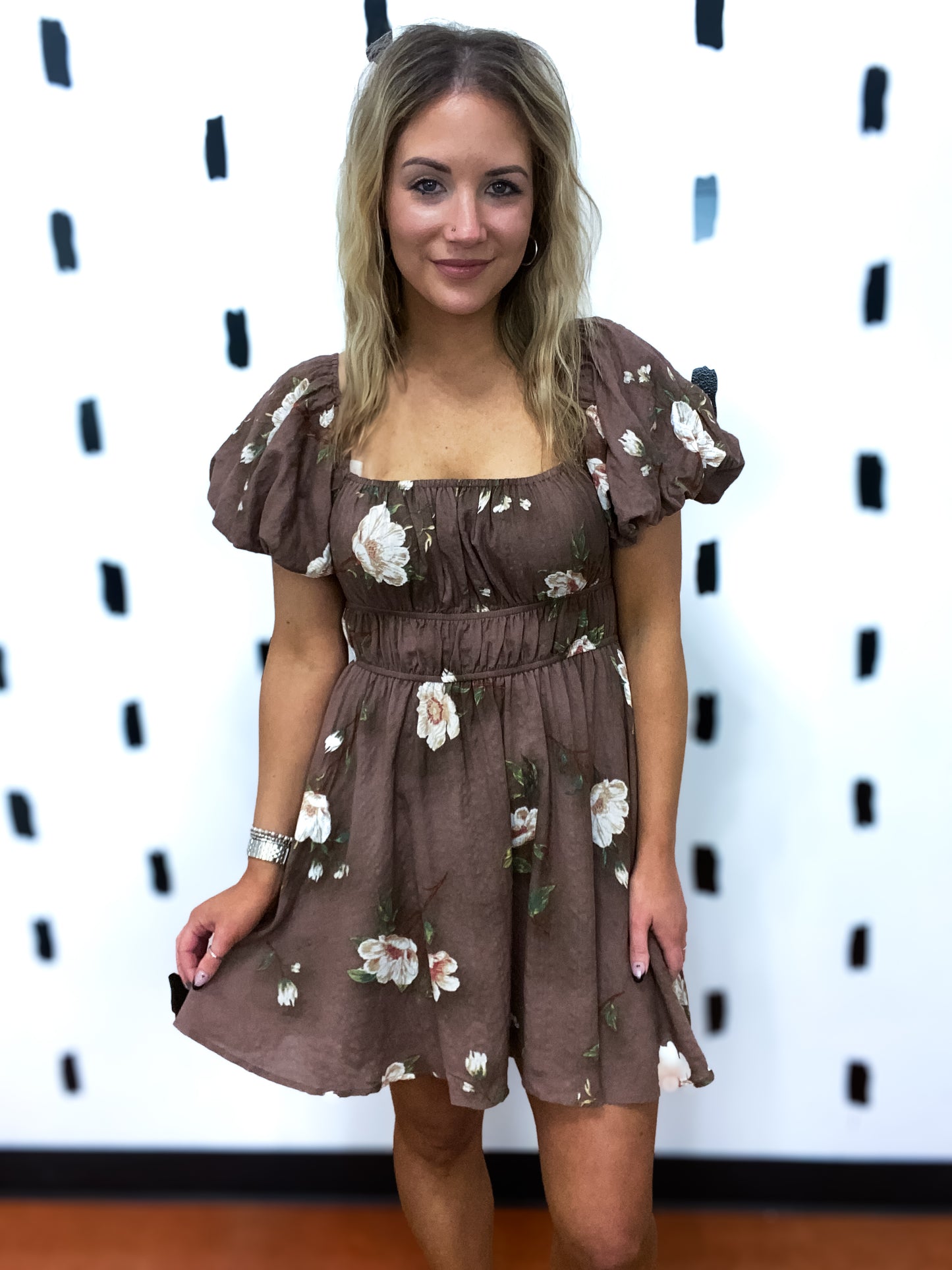 Brown Floral Puff Sleeve Dress