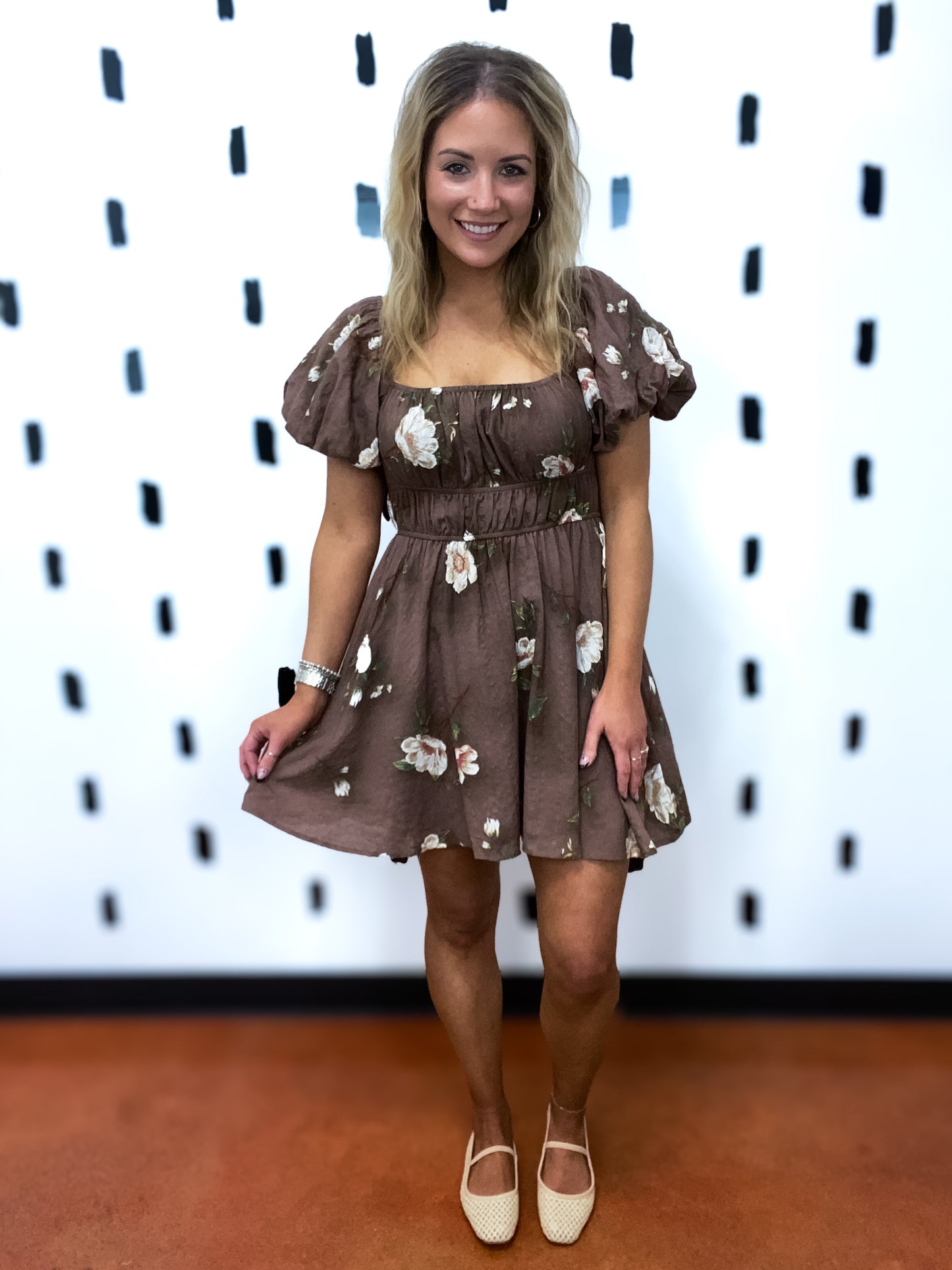 Brown Floral Puff Sleeve Dress