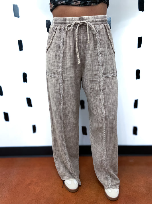 Mocha Lave Trim Elastic Waist Cotton Gauze Pants
