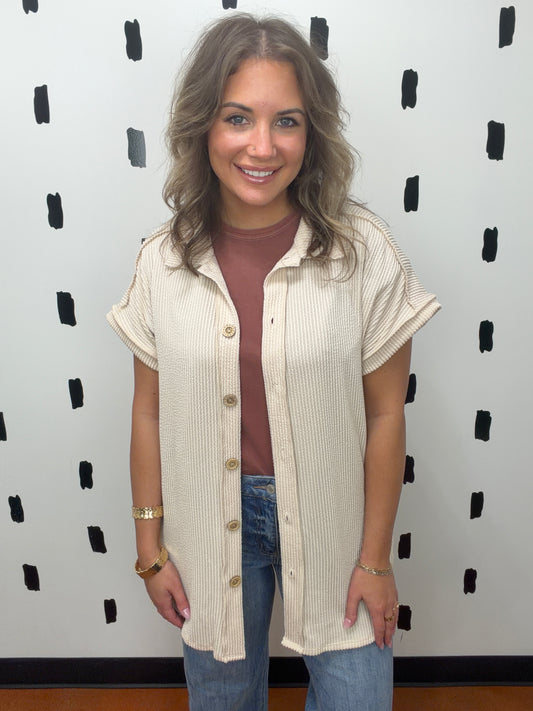 Oatmeal Short Sleeve Button Up Top