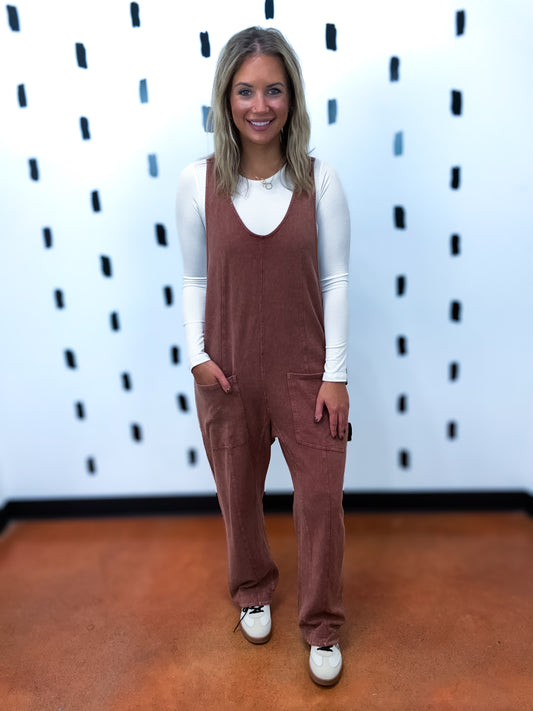 Red Brown Mineral Wash Relaxed Fit Jumpsuit