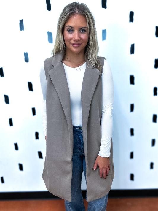 Khaki Sleeveless Notched Collar Soft Open Vest