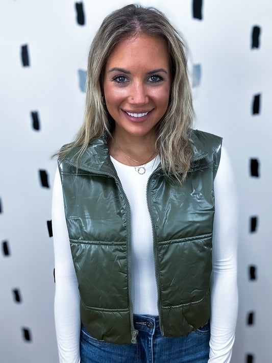 Olive High Neck Zip Vest