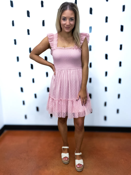 Pink Polka Dot Chiffon Mini Dress