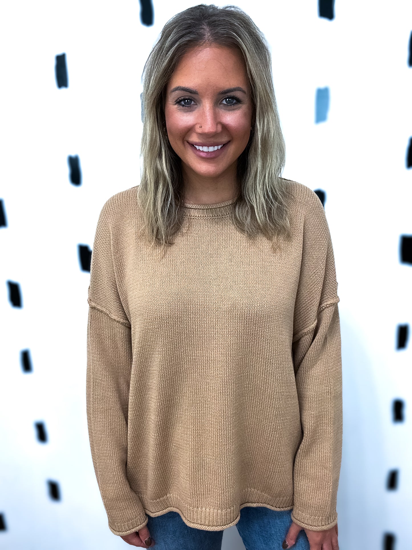 Tan Raw Edge Long Sleeve Sweater