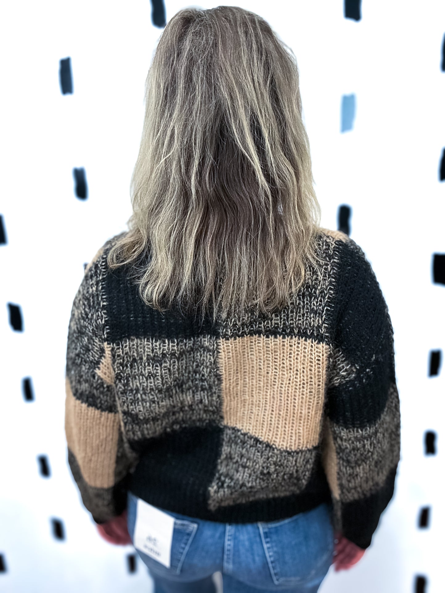 Black Plaid Knit Pattern Pullover Sweater