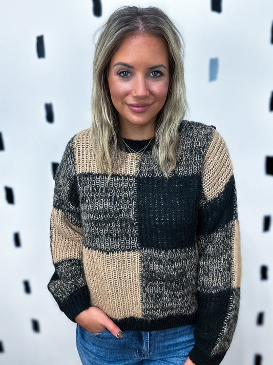 Black Plaid Knit Pattern Pullover Sweater