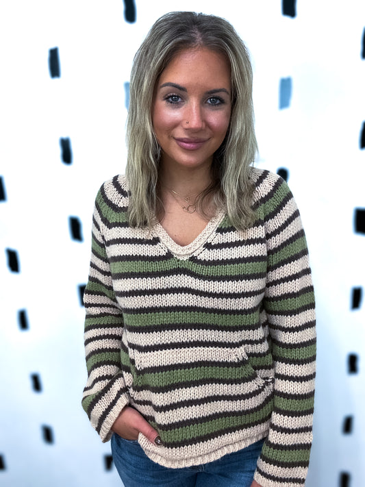 Olive Multi Stripe Kangaroo Pocket Sweater