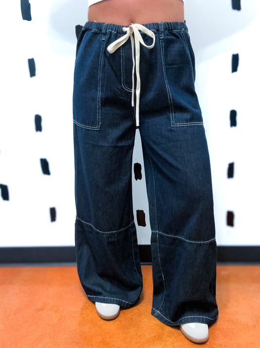 Wide Leg Elastic Waist Denim Pants
