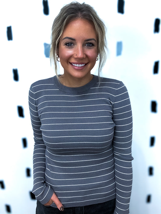 Grey/White Long Sleeve Stripe Sweater