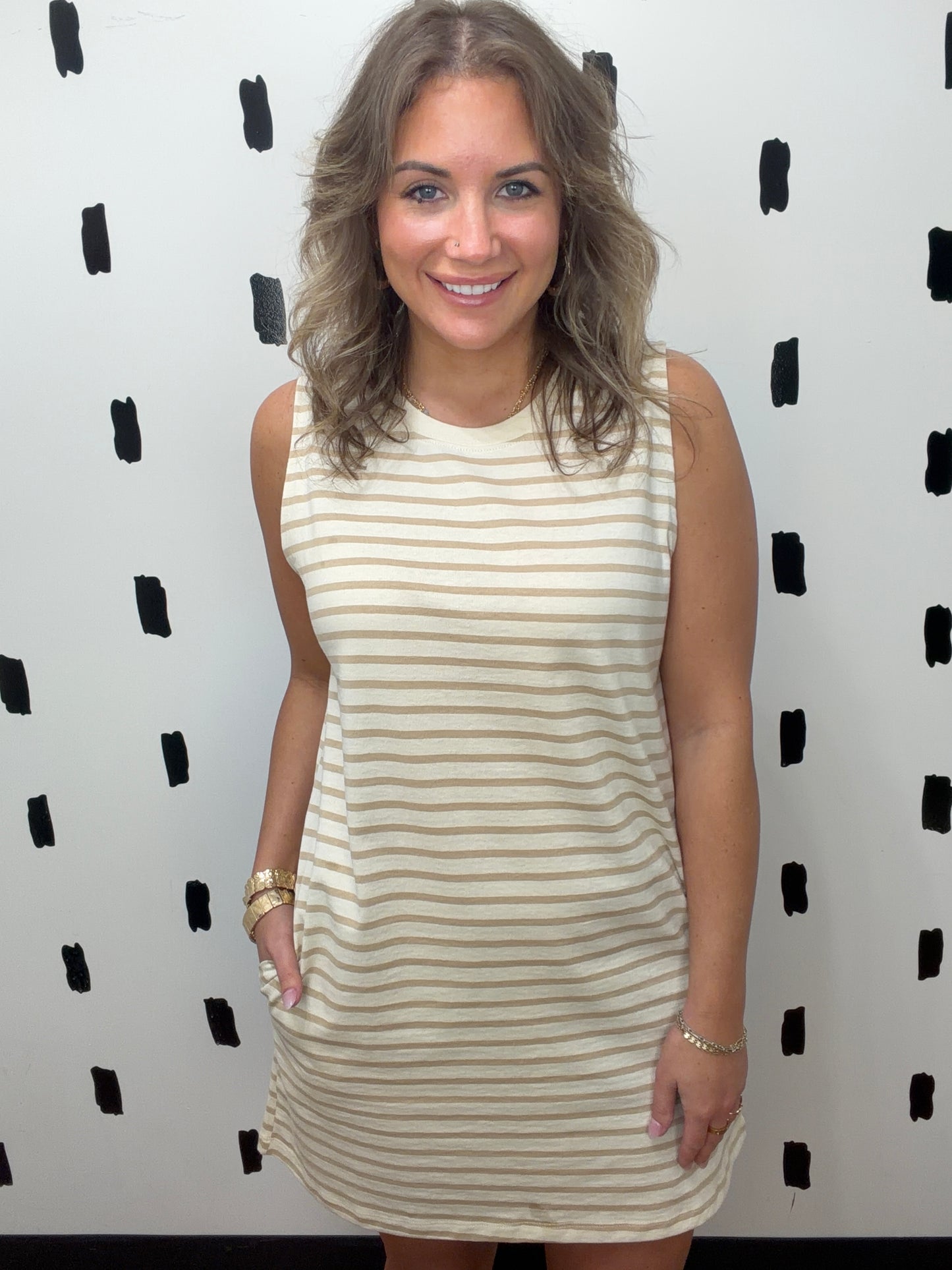 Taupe Striped Sleeveless  Dress