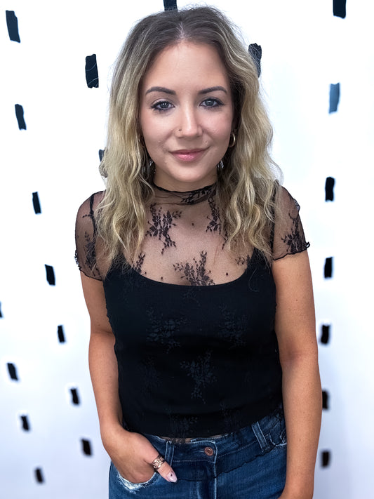 Black Sheer Mesh Short Sleeve Blouse