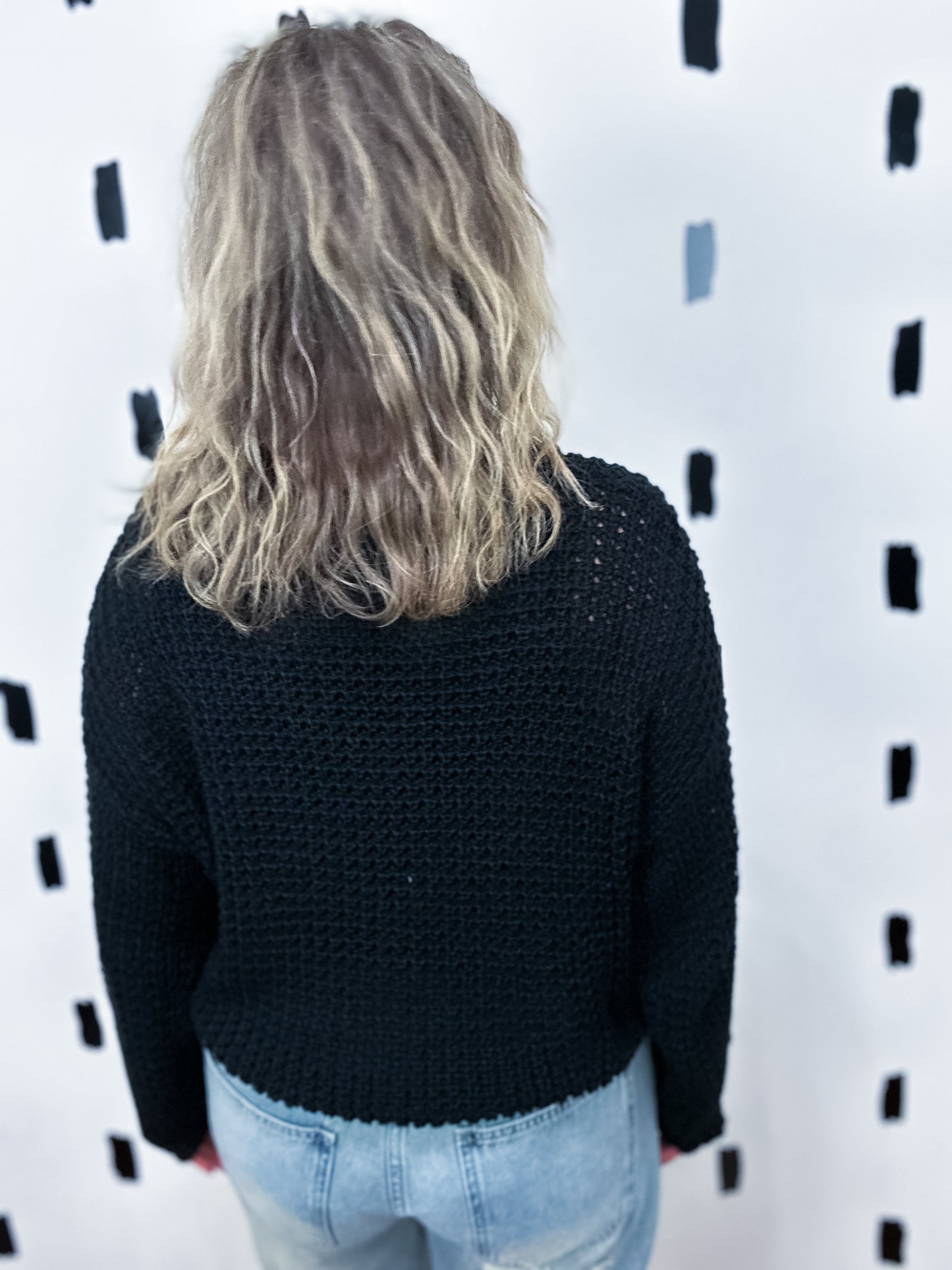 Black Crew Neck Crochet Knit Sweater