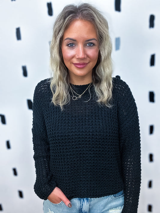 Black Crew Neck Crochet Knit Sweater