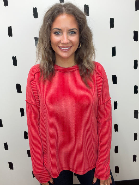 Ruby Ribbed Raw Edge Long Sleeve Top