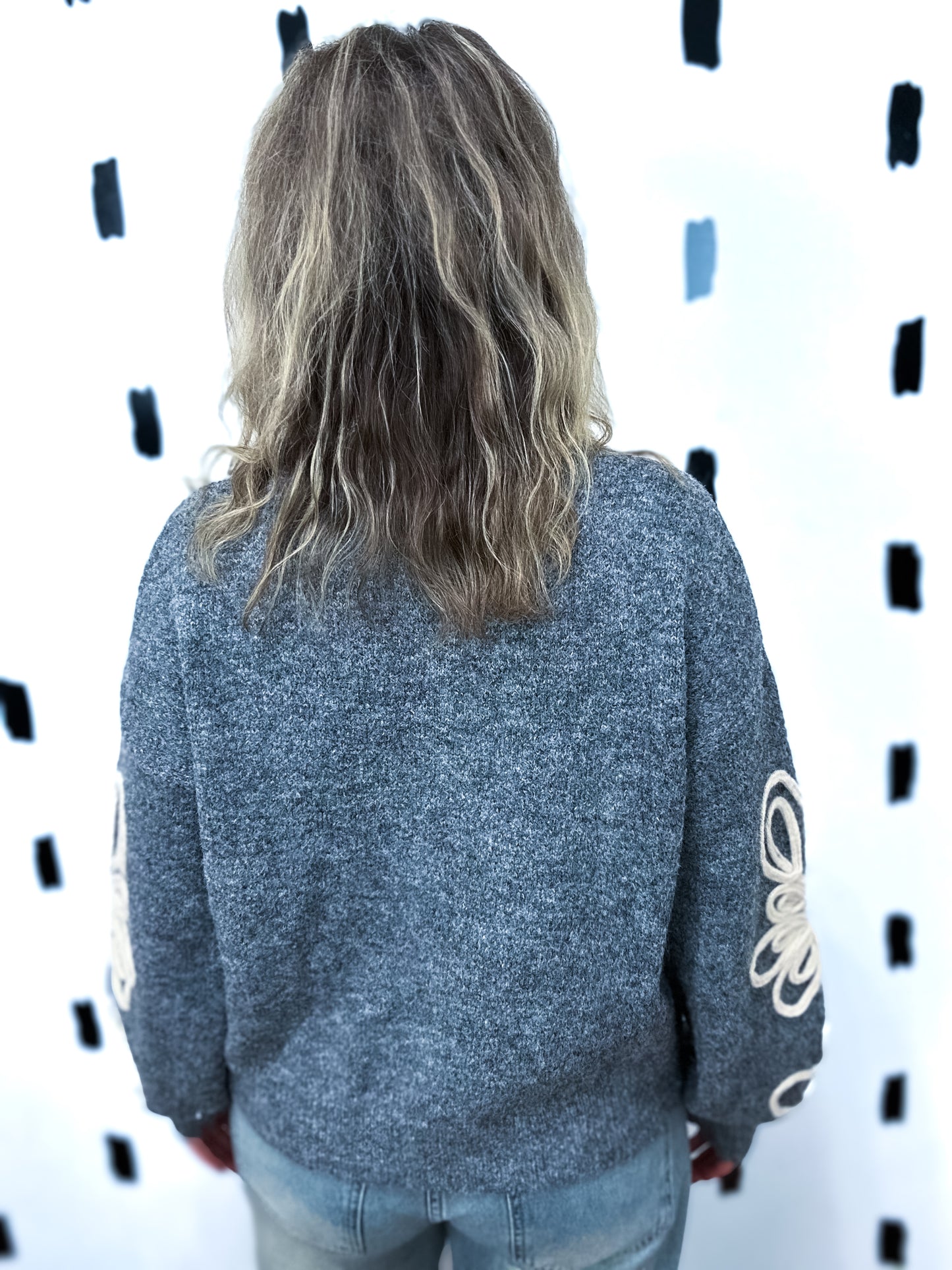 Grey Embroidered Sleeve Sweater