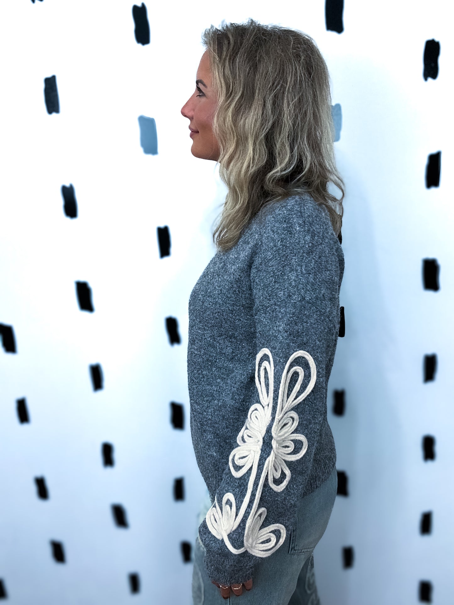 Grey Embroidered Sleeve Sweater