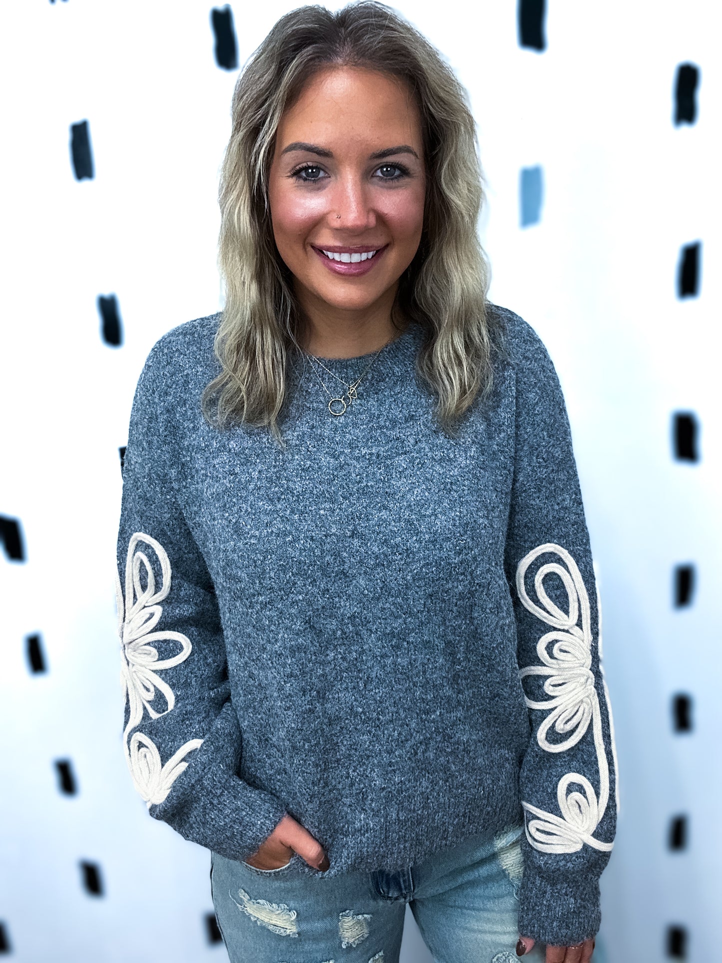 Grey Embroidered Sleeve Sweater