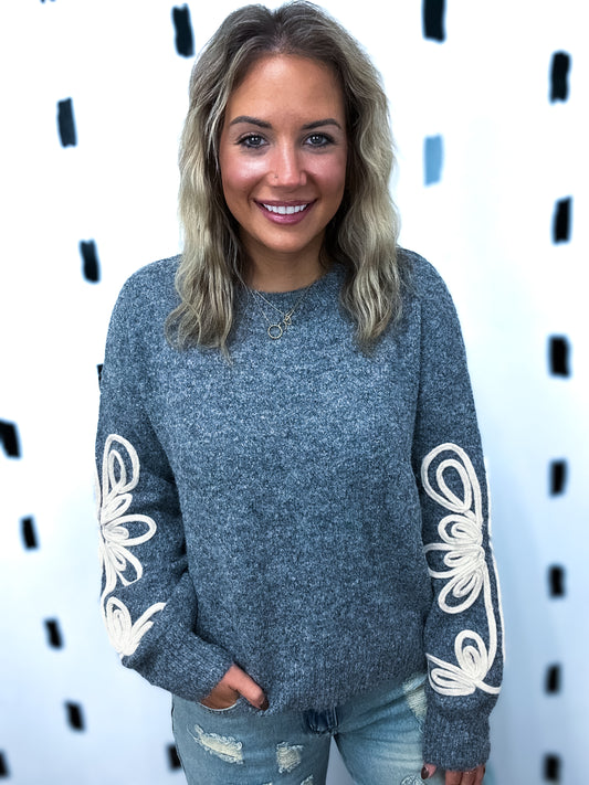 Grey Embroidered Sleeve Sweater
