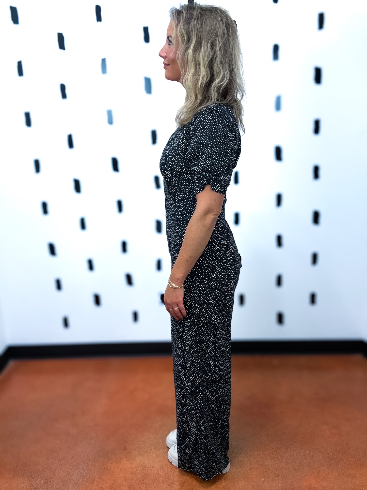 Black Dot Print Button Down Jumpsuit
