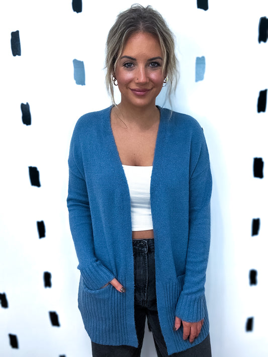 Classic Blue Open Front Pocket Sweater Cardigan
