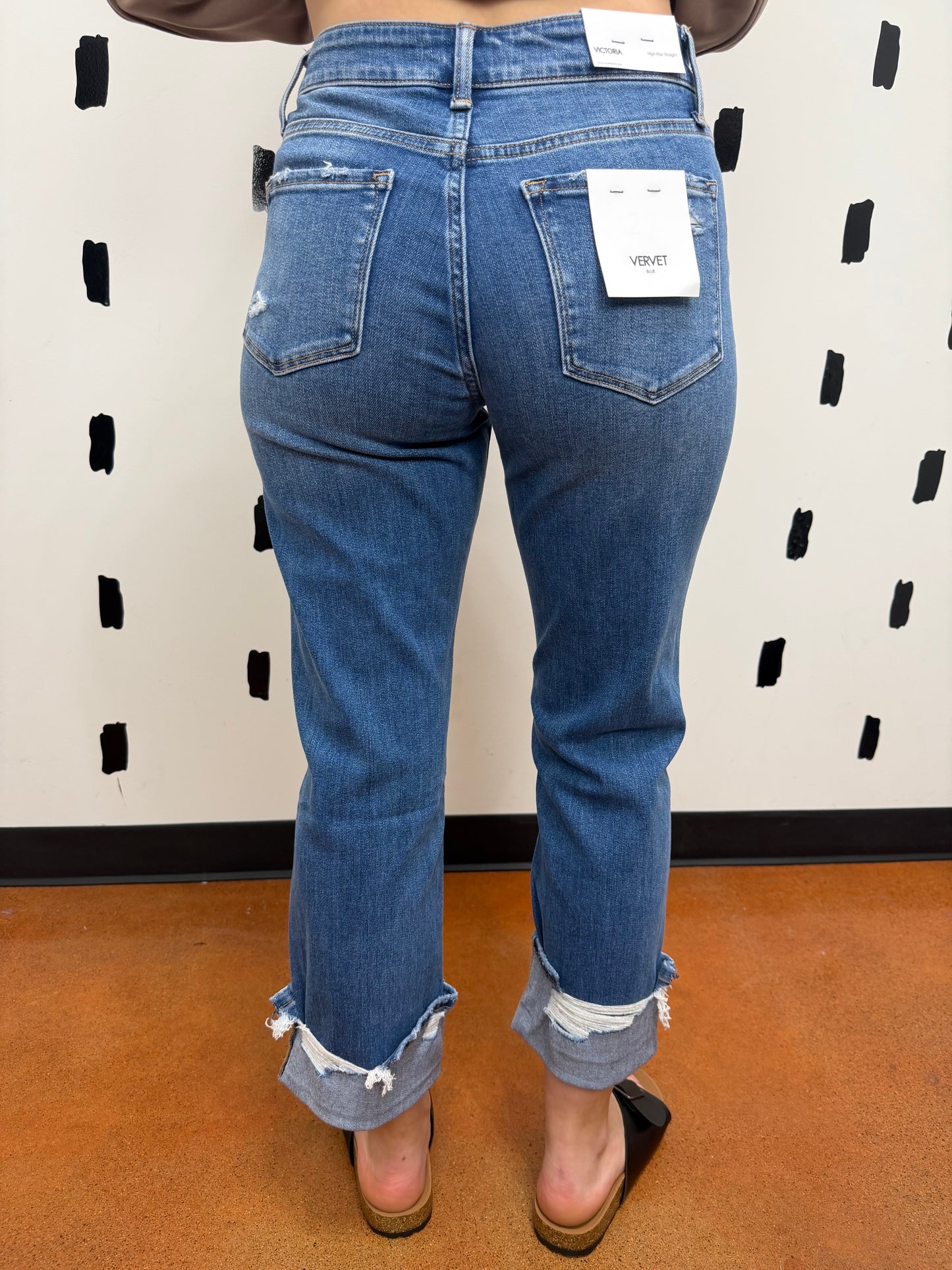 High Rise Cuffed Straight Jeans