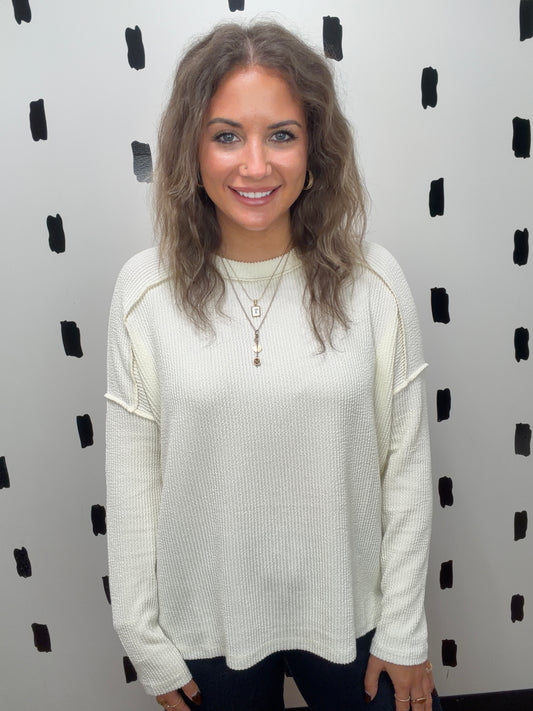 Cream Ribbed Raw Edge Long Sleeve Top
