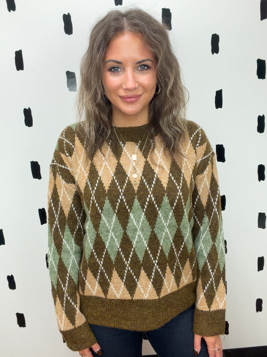 Brown Argyle Pattern Cozy Sweater