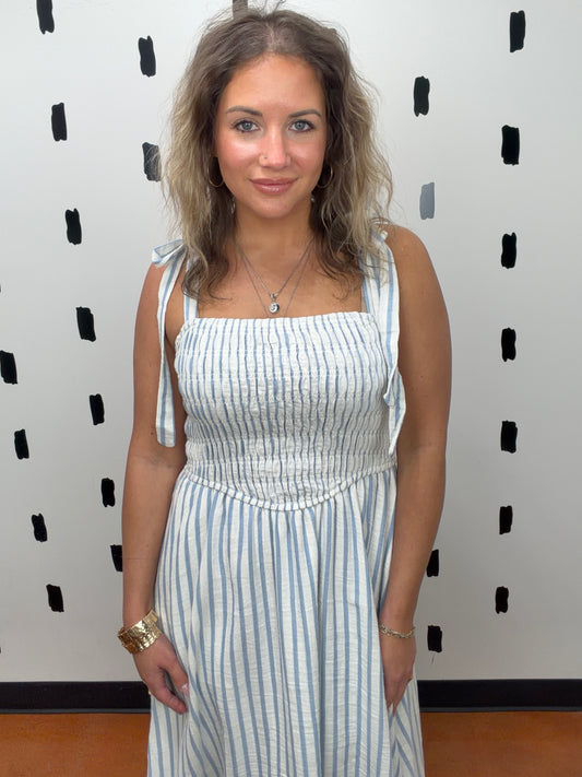 Blue Striped Smocked Midi Dress