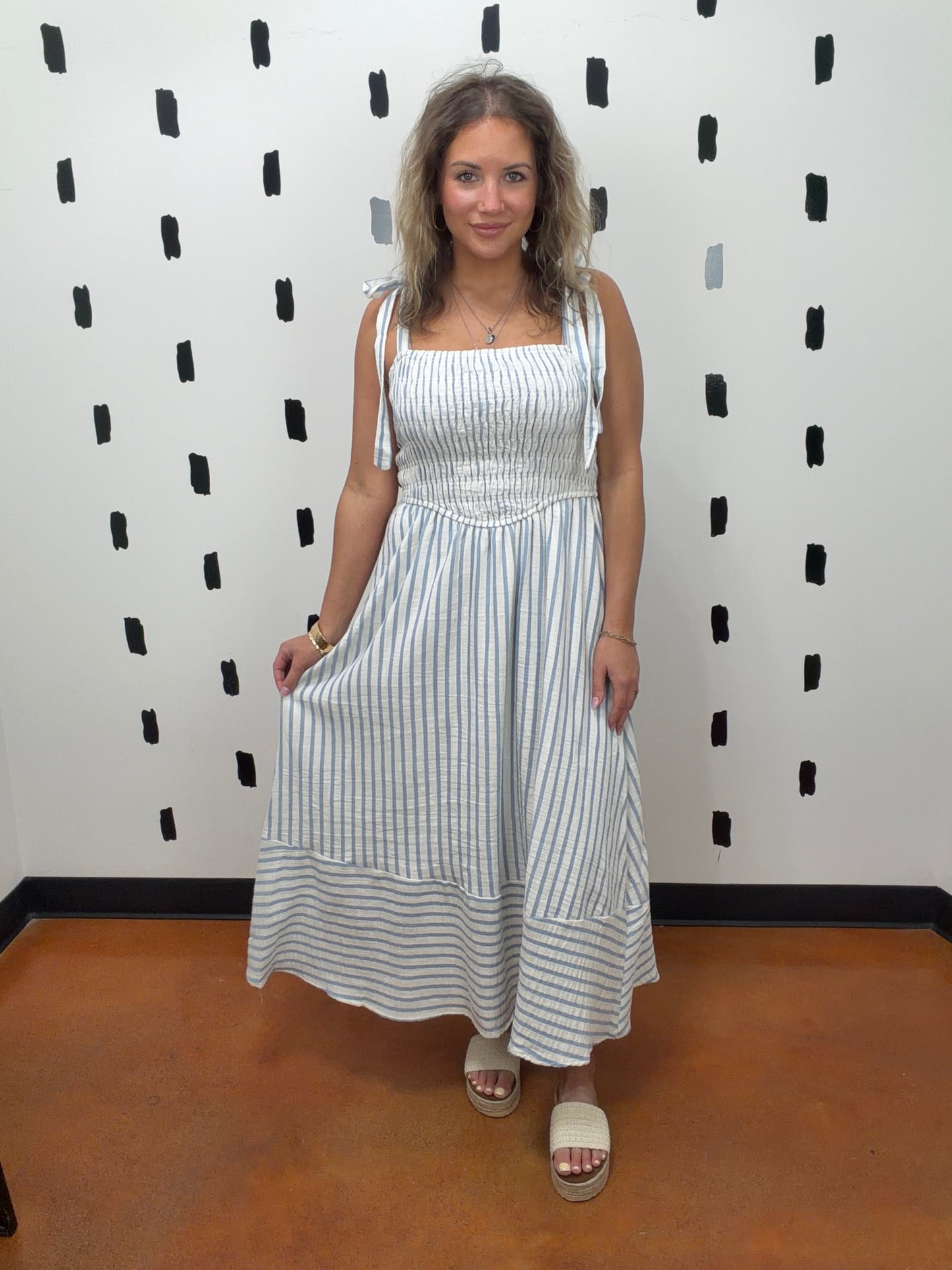 Blue Striped Smocked Midi Dress