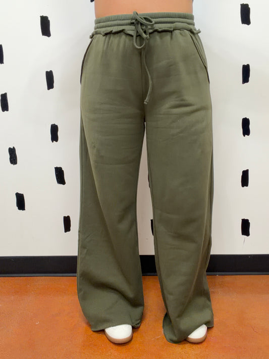 Dk Olive Fleece Wide Leg Pants