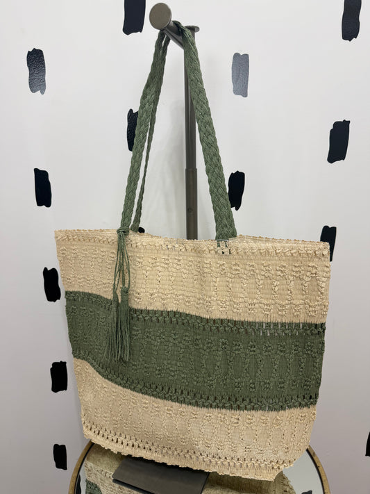 Olive Two-Tone Woven Tote Bag