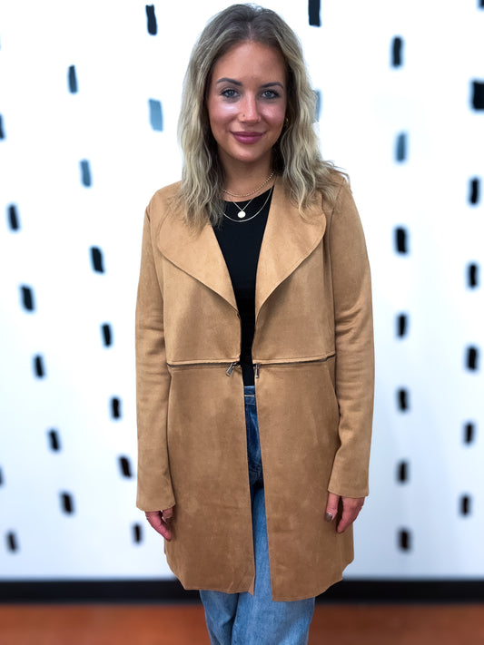 Khaki Zipper Detail Suede Long Jacket