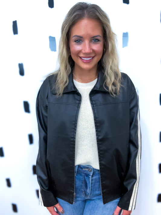 Black Stripe Detail Faux Fur Leather Jacket