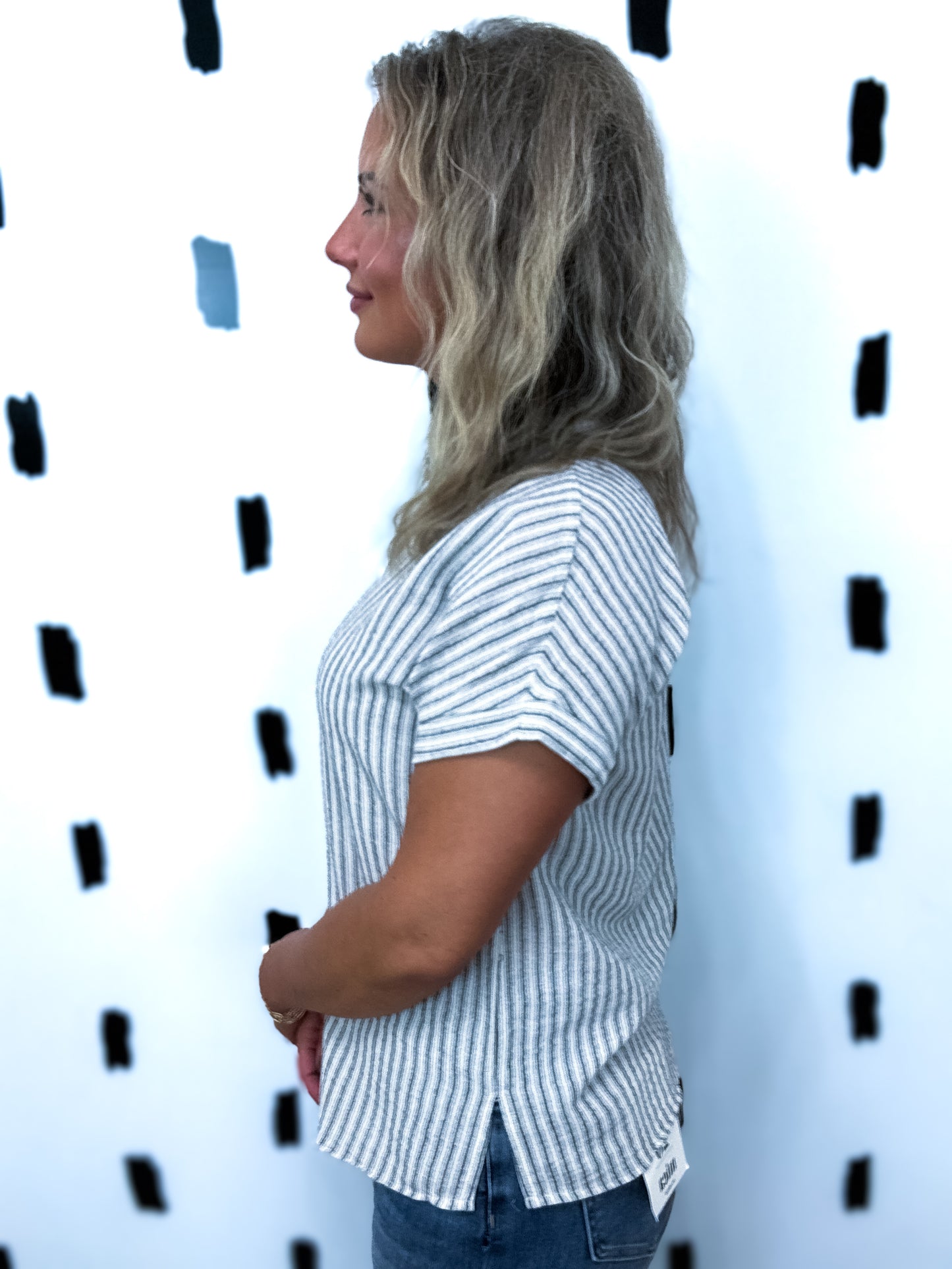 Black Stripe Collared Short Sleeve Blouse