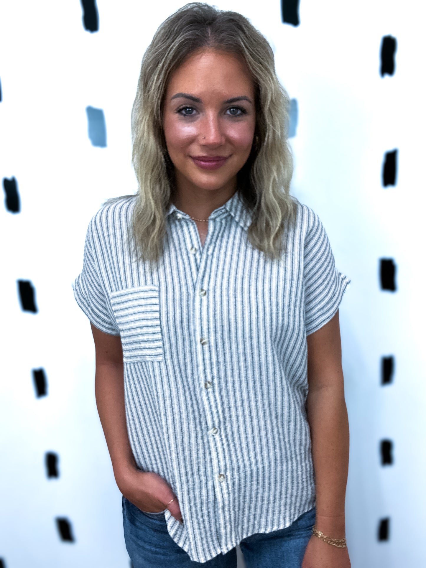 Black Stripe Collared Short Sleeve Blouse