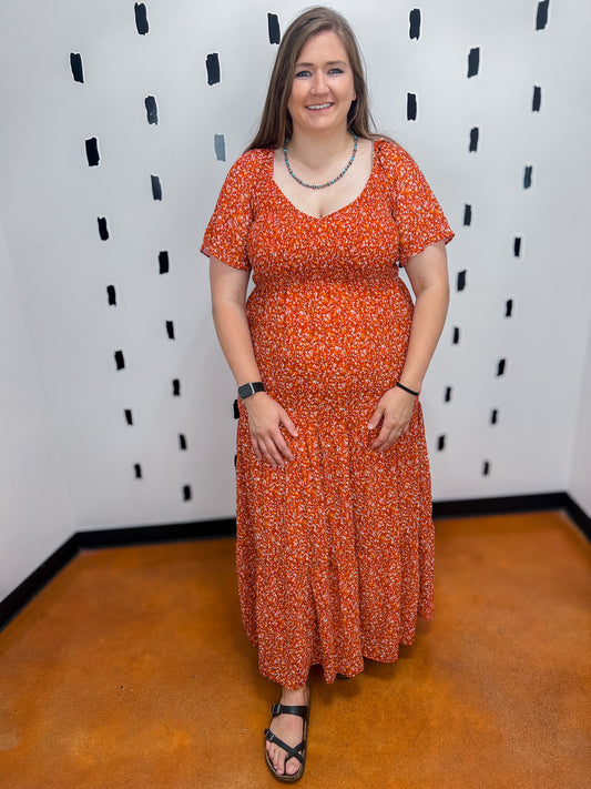 Red Short Sleeve Floral Maxi Dress