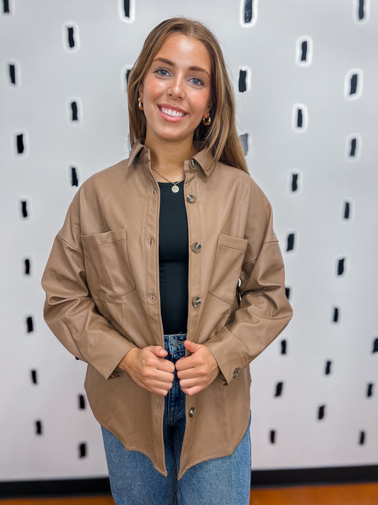 Camel Faux Leather Button Down Shacket