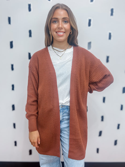 Brown Knit Open Front Cardigan