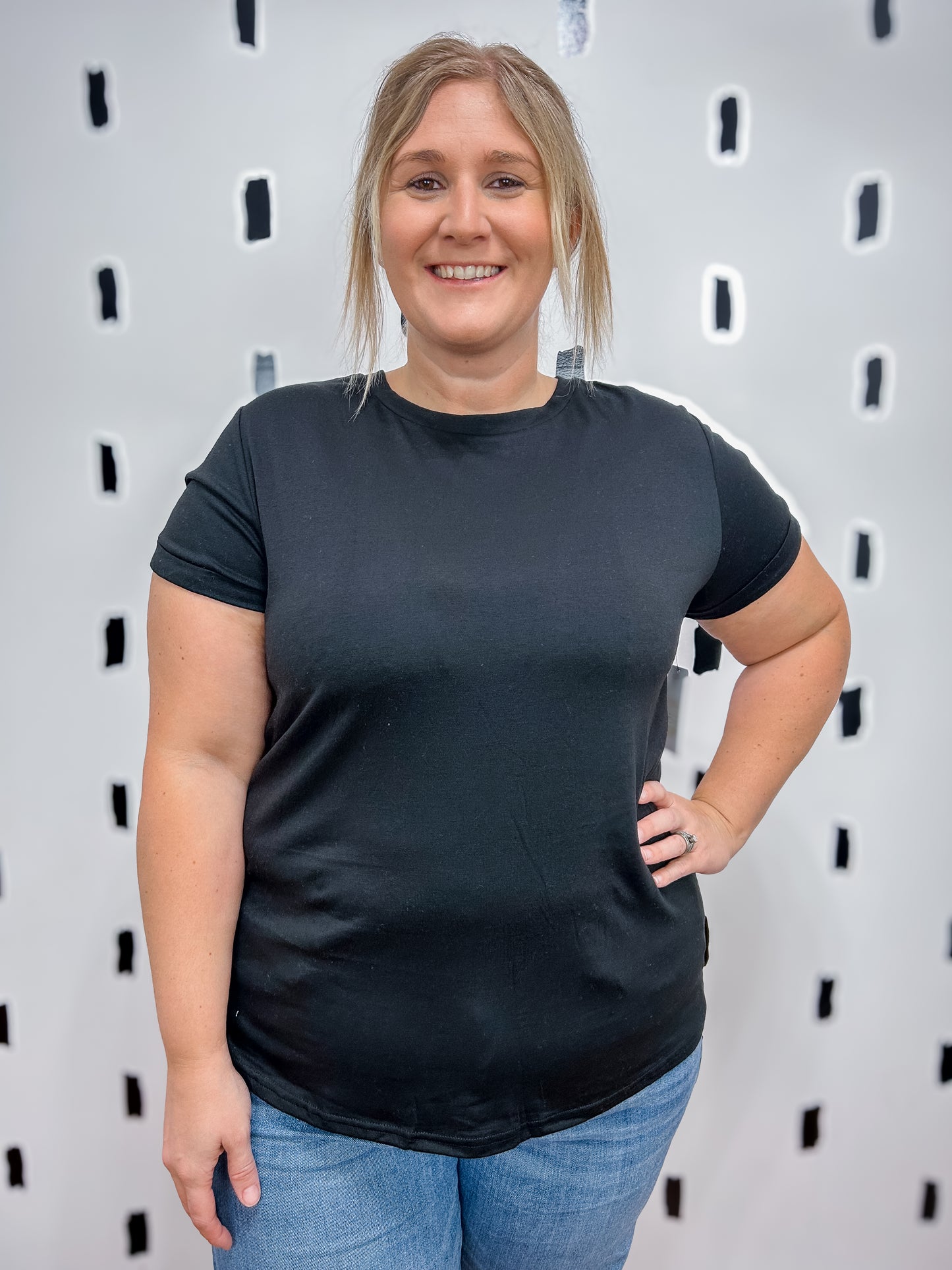 Black Rolled Short Sleeve Top