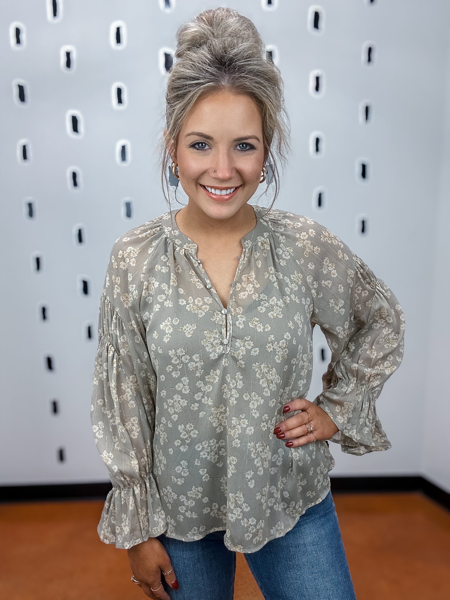 Light Khaki Floral Long Sleeve Blouse
