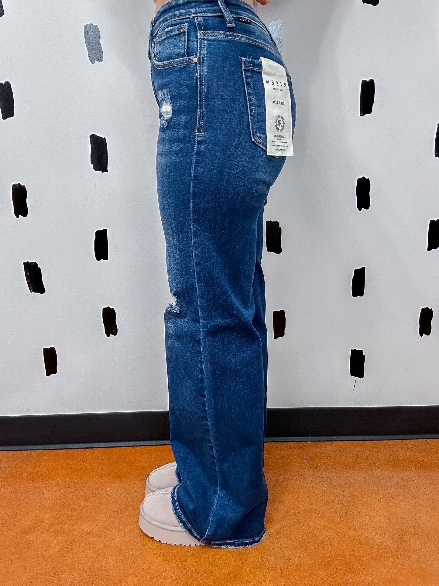 Dark High Rise Wide Distressed Jeans