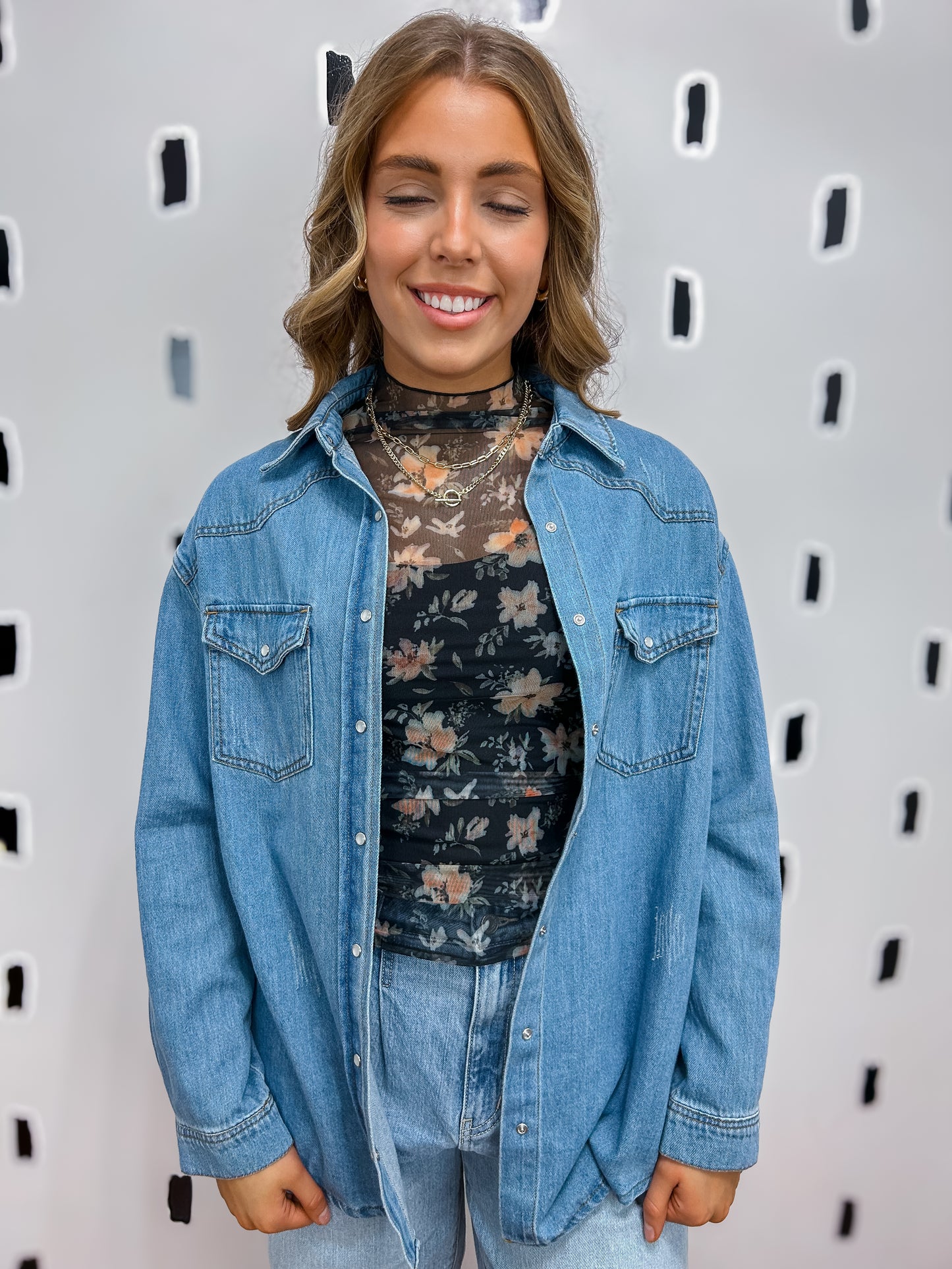 Med Wash Button Down Denim Top