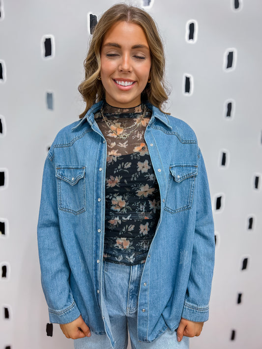 Med Wash Button Down Denim Top