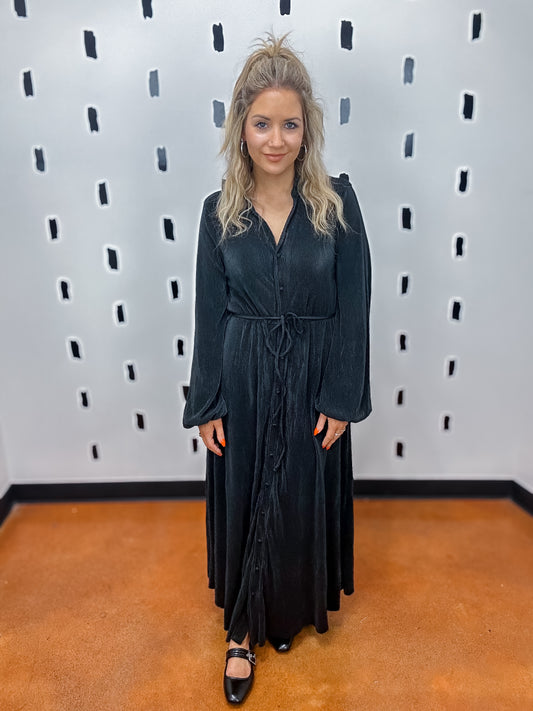 Black Pleated Tie Waist Midi Dress